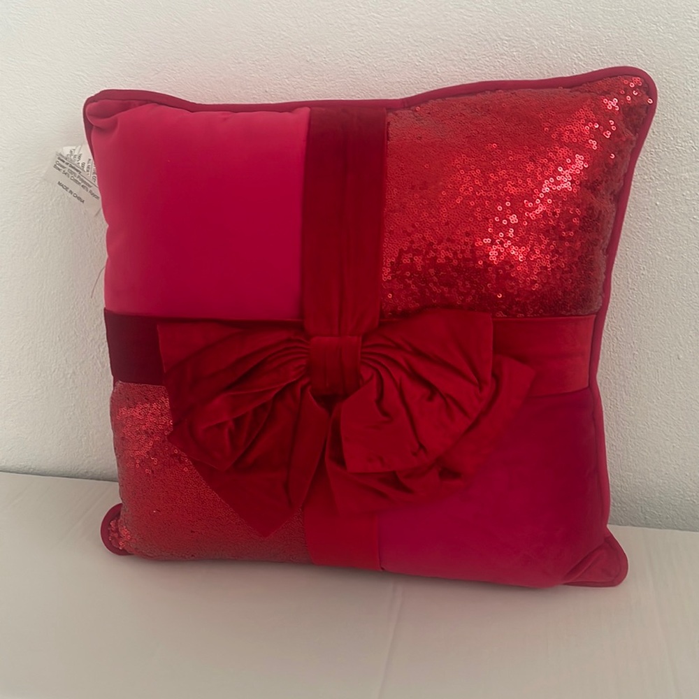 Throw Pillow Red Sequin Velvet with Bow
